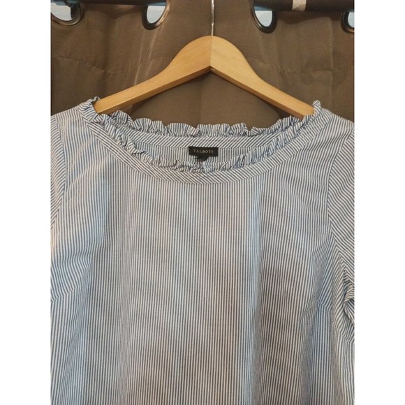 Womens Talbots Dressy Blouse Striped Blue/White Cutout Embroidered sleeves Small - Picture 5 of 8